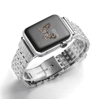 Apple Watch Band, 38mm Solid Stainless Steel Apple Watch Strap with Dual Folding Clasp Bling Crystal Rhinestone Diamon Female Replacement Band for Apple Watch 38mm (L16) (Silver 38mm)