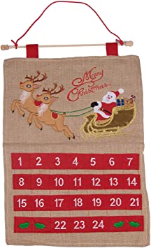 Christmas 24 Day Hanging Burlap Advent Calendar | Colorful Santa's Sleigh and Reindeer Christmas Design | Traditional Holiday Christmas Decor Theme | Perfect for Home or Office | Measures 21.75" Tall