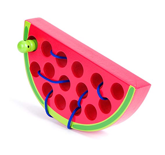 USATDD Wooden Lacing Watermelon Toy Threading Montessori Activity Learning Early Development Educational Wood Block Puzzles Travel Game for Baby Toddler and Kids