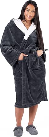 Sienna Super Soft Flannel Fleece Hooded Dressing Gown Womens Sherpa Lined Fluffy Luxurious Comfy Cosy Bathrobe Gifts for Mum