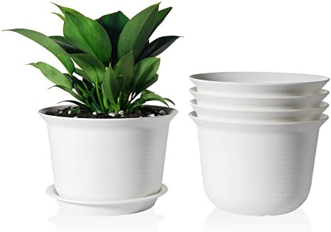 Plastic Pot - POTEY 7 Inch Indoor Planter with Drainage Hole and Trays for All House Plants - 007, Set of 5, White