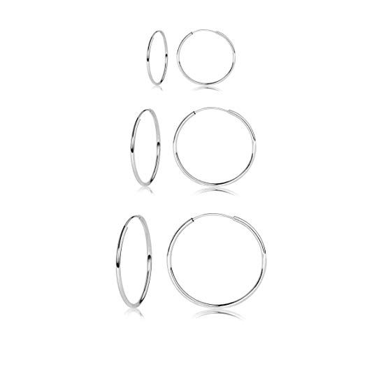 Sterling Silver Endless Round Unisex Hoop Earrings, Set of 3 Pairs 18mm 20mm 25mm