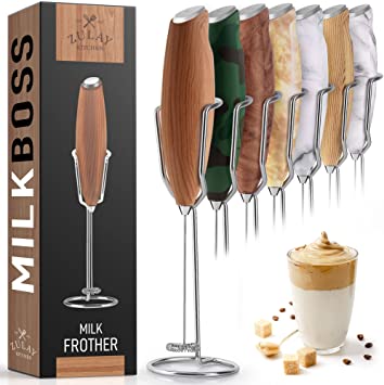 Zulay Milk Frother Handheld Foam Maker With Upgraded Holster Stand - Powerful Coffee Frother Electric Handheld Mixer - Battery Operated Frother For Coffee with Stainless Steel Electric Whisk (Oak)