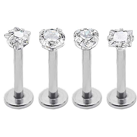 CrazyPiercing 4 pcs Surgical Steel Cubic Zircon Love/ Star/ Square/ Round Shape Labret Lip Rings Ear Earlet Tragus Cartilage Helix Earring Studs (clear)