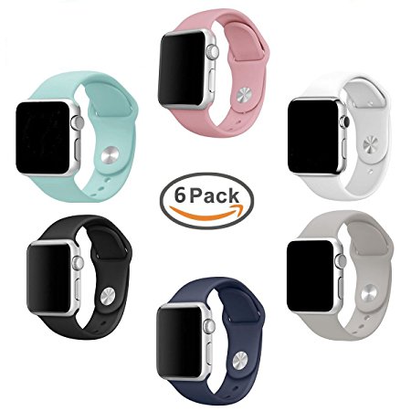 For Apple Watch Band Pack 38mm, amBand Soft Silicone Replacement iWatch Strap Sport Wristband for Apple Watch Series 1, Series 2, Sport, Edition, 6 Colors, M/L Size