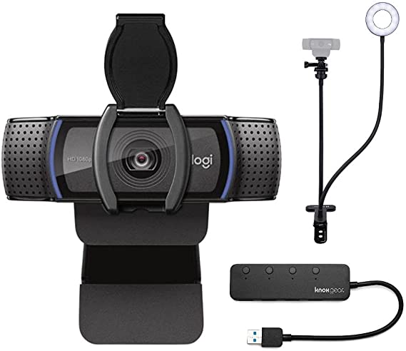 Logitech C920S Pro HD Webcam Bundle with Knox Gear Webcam Stand with Selfie Ring Light and 4-Port USB Hub (3 Items)