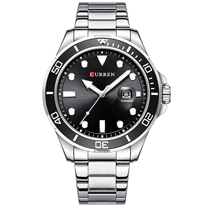 CURREN Men's Stainless Steel Watches Fashion Business Waterproof Quartz Wristwatches for Men,Sliver Black