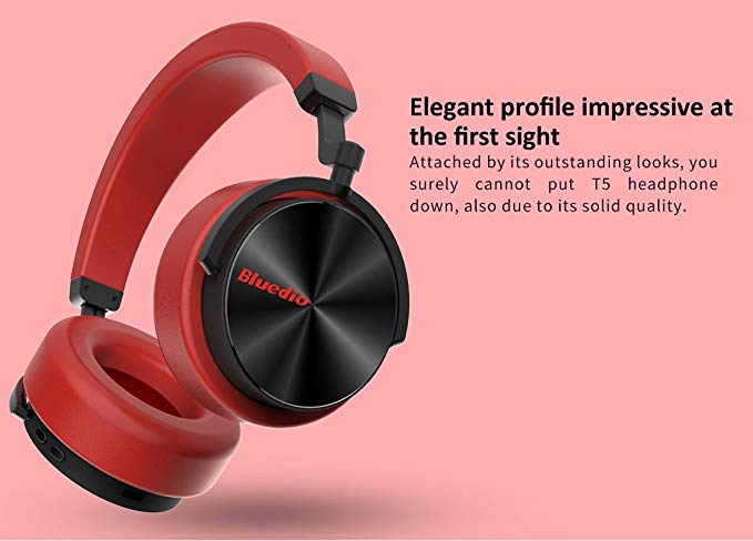 Bluedio T5 Active Noise Cancelling Wireless Bluetooth Headphones Portable Headset with Microphone for Phones and Music (Red)