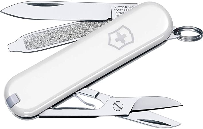 Victorinox Classic SD Swiss Army Pocket Knife, Small, Multi Tool, 7 Functions, Scissors, Nail File, White