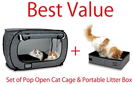 Necoichi Set of Pop Open Cat Cage and Portable Litter Box