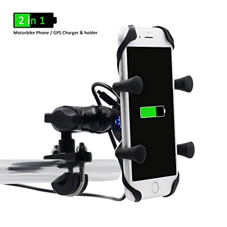 Motorcycle Mount, RAXFLY X-Grip Motorbike Cell Phone Holder Bracket with USB Charger Socket Plug for iPhone 6 6S 7 Plus Samsung HTC Huawei Nexus GPS and More - Black
