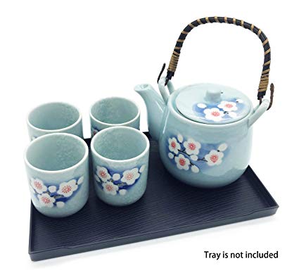 Mose China ~ 6 1/2" Deluxe Teal with White Chimonanthus-Flower (Wintersweet) Pattern Japanese Ceramic Tetsubin Teapot & Teacups, Tea Set, Stainless Steel Infuser & Rattan Handle included