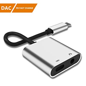 Pixel 2 Type C Audio Adapter, HUIRID 2 in 1 USB Type C to 3.5mm Headphone Jack Adapter Support Fast Charging   Wire Control for Pixel 2/XL, HTC U, Huawei, LG, Essential PH-1, MacBook Pro and (Silver)
