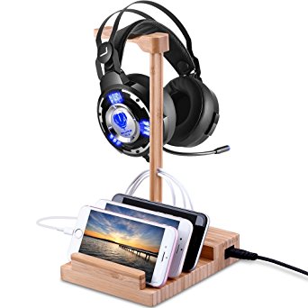 Kekilo Cell Phone Docking Station Bamboo Wood USB Charger Desktop Organizer with Headphone Stand for Multiple Devices, Multi Device Charging Station Dock for iPhone, iPad, Tablets, Smartphones