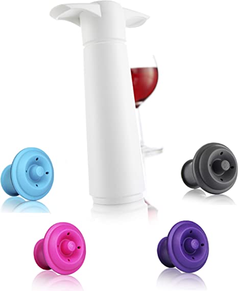 Vacu Vin The Original Wine Saver Pump - WHITE, bundled with 4 Vacuum Wine Bottle Stoppers (1 Grey and 3 Colored stoppers set)