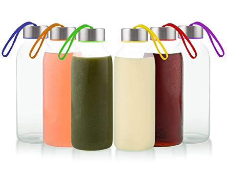 Glèur Reusable Glass Beverage Bottles with A Stainless Steel Airtight Cap with Different Colored Carrying Loop, 13.5 oz Set of 6