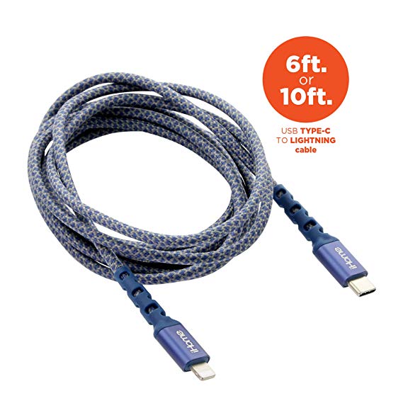 iHome 10 ft USB C to Lightning Cable: Nylon Braided, Apple MFi Certified, Supports Power Delivery for iPhone 11/11 Pro/11 Pro Max/XR/XS/XS Max/8/8 Plus (w/18W Type C Charger) - Blue