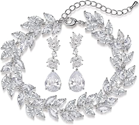 SWEETV Marquise Wedding Drop Earrings Bracelets Set for Brides Bridesmaids, Silver