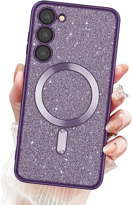 Newseego for Samsung Galaxy S23 Plus Magnetic Case, Sparkle Glitter Case Cover with MagSafe Full Camera Lens Protection Bling Case Anti-Scratch Shockproof Phone Case for Samsung Galaxy S23 Plus-Purple