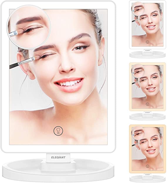 ELEGIANT Makeup Mirror, 3 Color Modes 76 LED Lighted Mirror with Touch Sensor Dimming and 10X Magnifying Mirror, 180°Adjustable Rotation, Dual Power Supply, Portable Cosmetic Mirror(White)