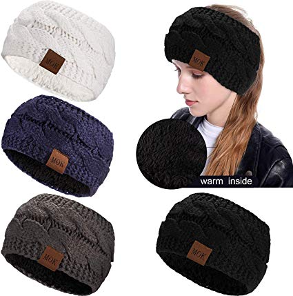 4 Pack Women Fleece Lined Winter Warm Knitted Thick Headband Cable Ear Headband