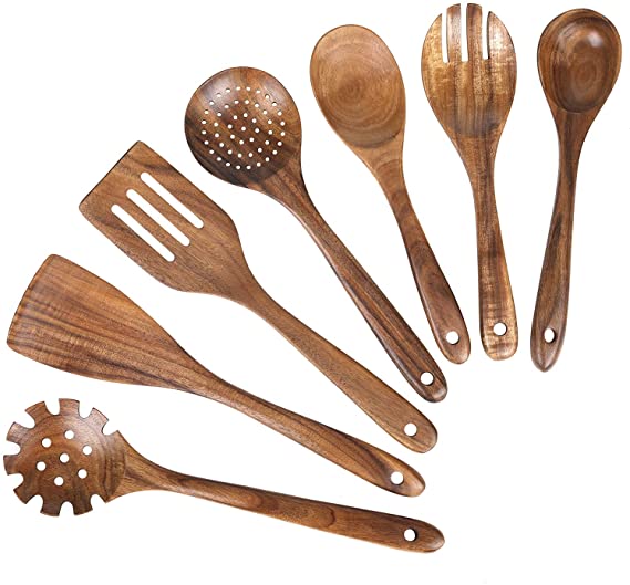 Wooden Cooking Utensils for Kitchen,Teak Wooden Spoons and Spatula for Cooking,Wood Utensil Sleek Solid and Non-stick Cookware for Home Use and Kitchen 7 Pack