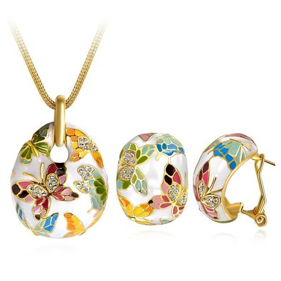 P&M Versailles Spring Enamel Butterfly Gold Plated Crystal Women Jewellery Set Necklace Earrings