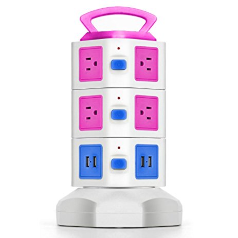 TNP Power Strip with USB Surge Protector - Charger Station Power Supply Adapter Multi Socket Plug Powerstrip Bar Stand Tower, 6FT Extension Cord (10 AC Outlet   4 USB Port, Pink & Blue)