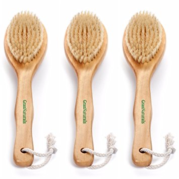 GranNaturals Dry Skin and Body Brush for Anti Cellulite Reducing Massager Treatment with Long Wooden Handle (Pack of 3)