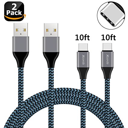 USB C Cable, Xcords USB Type C Cable 3rd Generation 2Pack 10FT USB C to USB 2.0 Nylon Braided S9 Charger Cable for Galaxy S9, S9 Plus, S8, S8 Plus, LG G5 G6 V30, HTC 10, Nexus 5X/6P,Google Pixel XL