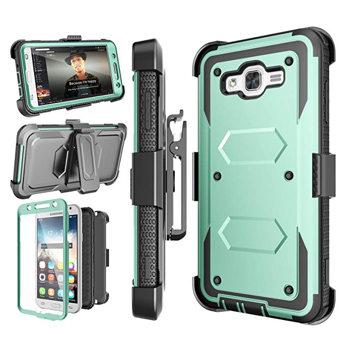 Njjex J7 2015 Case, For Galaxy J7 Belt Case, [Nbeck] Heavy Duty Built-in Screen Protector Rugged Holster Locking Belt Clip Case Cover Shell & Kickstand For Samsung Galaxy J7 2015 SM-J7008 [Turquoise]