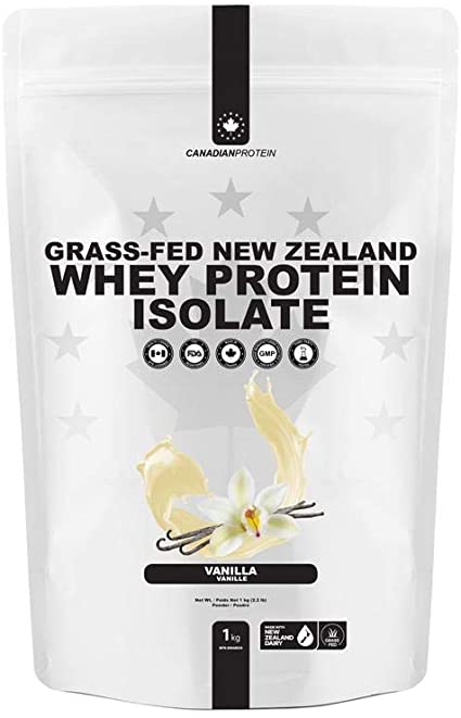 Canadian Protein Grass-Fed New Zealand Whey Isolate 28g of Protein | 1 kg of Vanilla Flavoured Low Carb Keto Friendly Workout Recovery Drink | Undenatured Whey Protein Shake