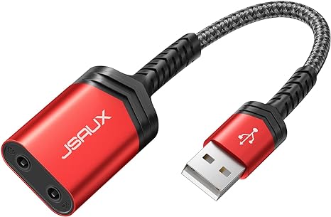 USB Sound Card, JSAUX USB to 3.5mm Jack Audio Adapter External Stereo USB Audio Adapter with 3.5mm TRS Headphone and Microphone Jack Compatible with Windows, MAC, PC, Laptop, Desktops, PS5, PS4 -RED