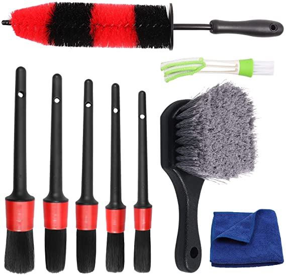 Hiveseen 9 Pcs Car Detailing Brush Set with Tire Brush, Long Handle Rim Brush, Soft Detail Brushes, Auto Wheel Cleaning Brush Kit for Car Alloy Wheel, Air Vent, Engine, Dashboard, Interior, Exterior