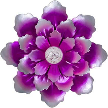 12" Metal Flower Wall Decor Mounted Grow In The Dark Glass Ball, Metallic Purple Multiple Layers Floral Metal Wall Art For Indoor And Outdoor