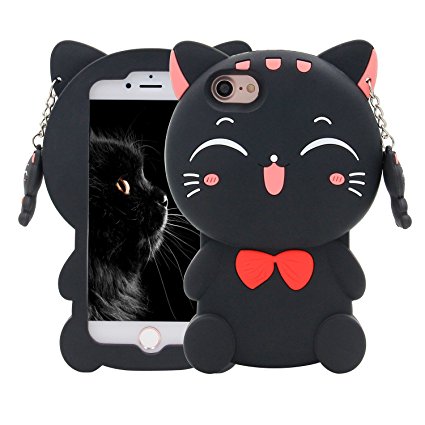 iPhone 6 6S Case, Maoerdo Cute 3D Cartoon Black Plutus Cat Lucky Fortune Cat Kitty with Bow Tie Silicone Rubber Phone Case Cover for Apple iPhone 6 / 6S 4.7 inch