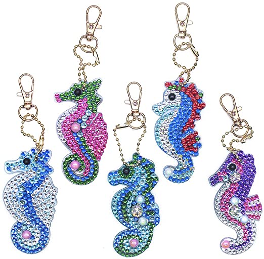 Keychain Diamond Painting,5D DIY Diamond Painting Kits for Kids and Adult,Special Shape Full Drill Diamond Key Ring Set Diamond Embroidery Pendant Kits for Backpack Shoulder Bag Accessories (Seahorse)