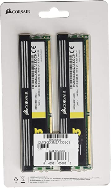 Corsair CMX8GX3M2A1333C9 XMS3 8GB (2x4GB) DDR3 1333 Mhz CL9 Performance Desktop Memory Kit