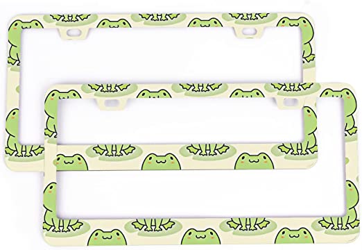 Green Frog License Plate Frames - 2 Sets Cute Frogs Car Tag Cover with Holes and Screws Aluminum Animals Cartoon Car Decorative Protector Accessories