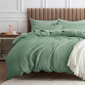 Bedsure Waffle Comforter Set Queen, Green Soft Cotton Bedding Set for All Seasons, Waffle Weave Bed Set, 3 Pieces, 1 Comforter (90"x90") and 2 Pillow Shams, Premium Cotton Cover with Polyester Fill