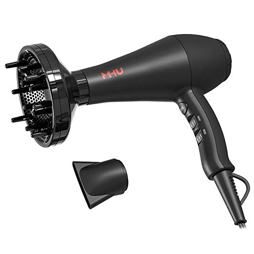 MHU Infrared Hair Dryer 1875 Watt Salon Grade, Negative Ions Powerful Blow Dryer Faster Drying, Low Noise Hair Blow Dryer with Diffuser & Concentrator, 2 Speed & 3 Heat Settings