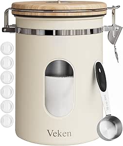 Veken Coffee Canister with Window for Sugar, Grounds Coffee, Beans, Tea, Flour, Cereal, Airtight Stainless Steel Kitchen Food Storage Container with Date Tracker and Scoop, 22OZ,Cream