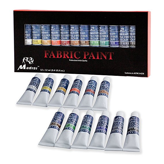 Madisi Fabric Paint Set - 12 Vivid Colors, 12 ML Tubes