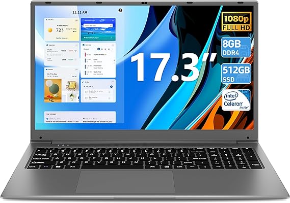 SGIN 17 Inch Laptop Computer, 8GB RAM 512GB SSD Laptops with Intel Celeron Quad Core Processor, IPS FHD Display, Webcam, Dual Wi-Fi, Buletooth 4.2, Mini HDMI, USB 3.0, 8000 mAh Battery(Gray)