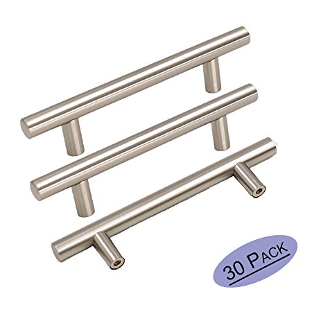 30Pack Goldenwarm Stainless Steel Kitchen Cabinet Door Handles Brushed Nickle T Bar Drawer Pull Knobs 1/2 inch Diameter Hole Spacing 96mm 3-3/4in