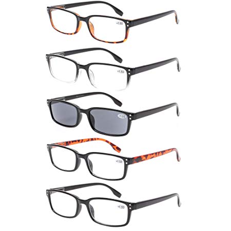 Reading Glasses 5 Pack Spring Hinge Rectangular Men and Women Readers Inclue Sun Readers (2.00, 5 Pack Mix Color)