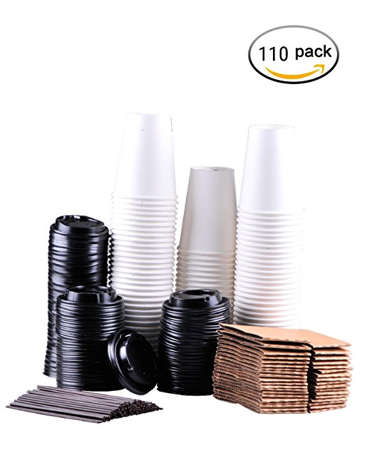 springpack Disposable Coffee Cups To Go with Travel Lids Sleeves and Straws 100% Biodegradable & Compostable Pla Eco Friendly Paper Coffee Cups 110 Sets of 12 oz
