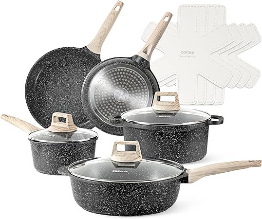 CAROTE 12Pcs Pots and Pans Set Non Stick, Cookware Sets Induction Cookware Granite Cooking Set with Frying Pans, Saucepans, Saute Pan, Extra Large Casserole