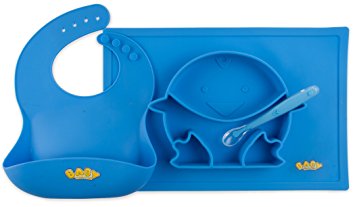 Baby Yum Yum Silicone Placemat Set With Bib, Stay Put Placemat and Spoon (blue)