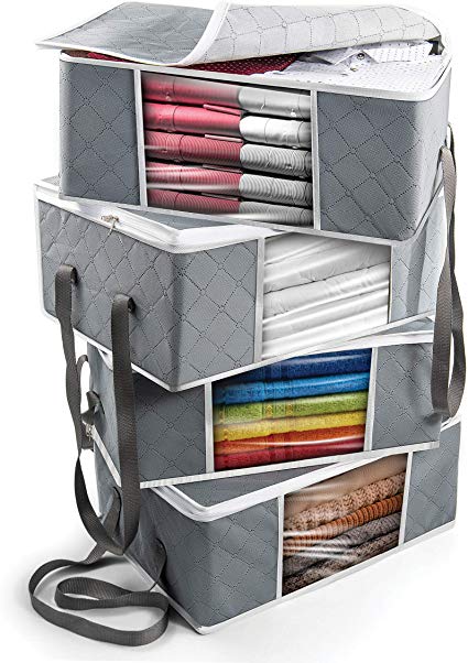 4 Pack Large Clothes Storage Bag, 4 Pack Breathable and Moistureproof for Blankets, Clothes, Comforters, Bedding, Breathable Foldable Closet Organizers with Zippers, Reinforced Handles - 4 Pack